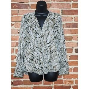 Dkny Top Womens Medium Gray Snake Print Faux-Wrap Long Sleeve Hook & Eye Closure